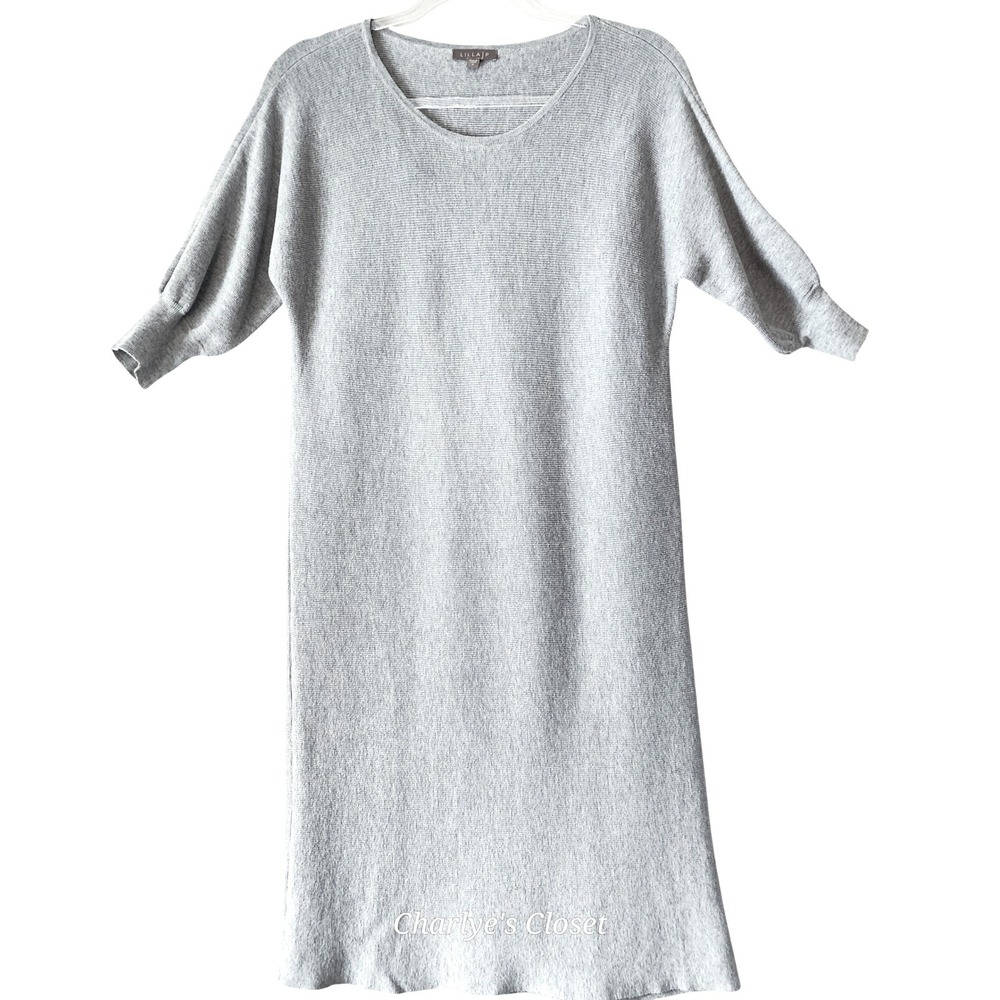 Lilla P Dove Gray Ribbed Knit Modal Cotton Blend 3/4 Bishop Sleeve Midi Dress S